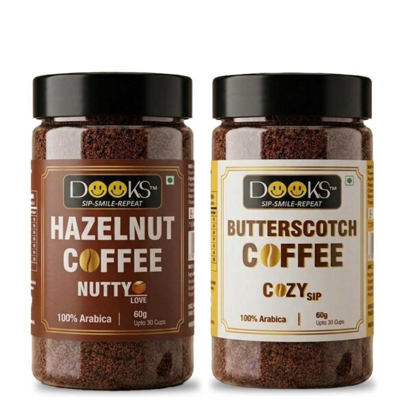 DOOKS Premium 100% Arabica Flavoured Coffee Combo - Hazelnut & Butterscotch (60g x 2 Jars) | Up to 60 Cups